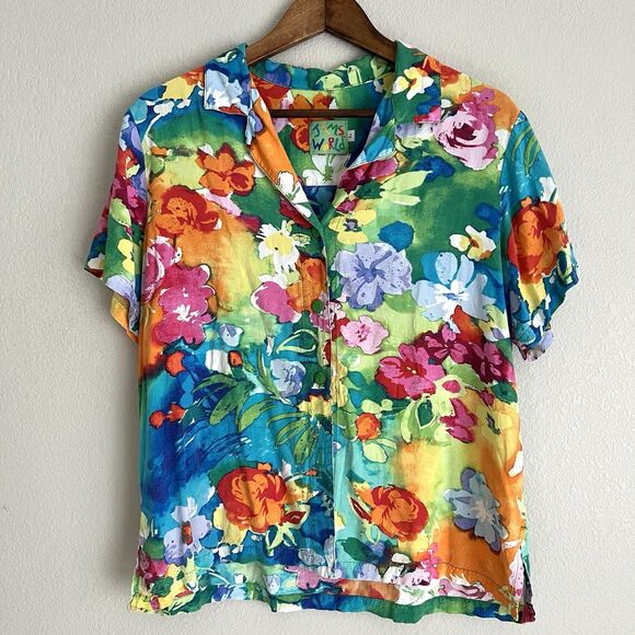 Vintage Jams World Women's Shirt Size L Floral Flowers Rayon USA - Picture 1 of 5